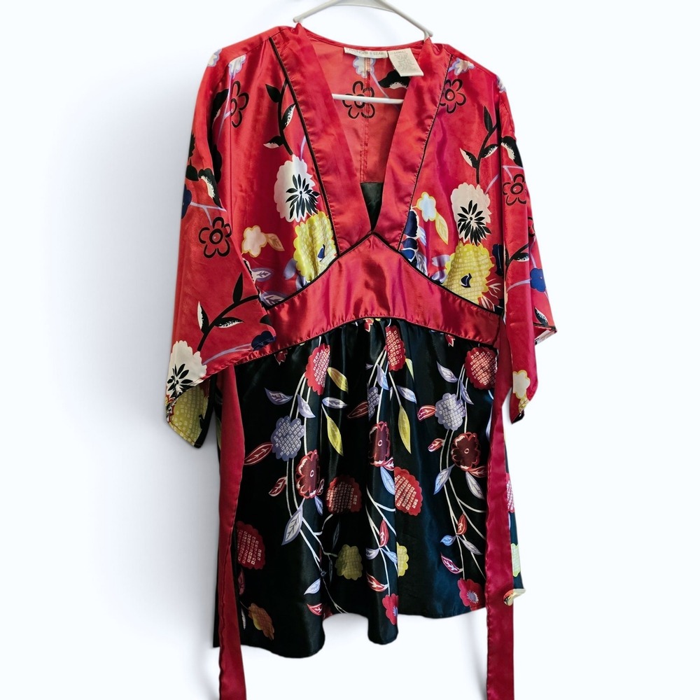 Lavender Star Satin Kimono Style Tunic/Mini Dress Red/Black Floral V-Neck Large